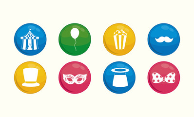 icon set of carnival circus concept over colorful circles and white background, vector illustration