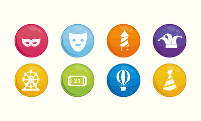 icon set of carnival circus concept over colorful circles and white background, vector illustration