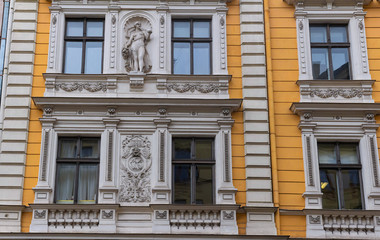 The building facade ,Riga, Latvia. This building is an example of Art Nouveau architectural style
