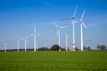 Large wind farm on agricultural area at Paderborn, North Rhine-Westphalia, Germany, Europe