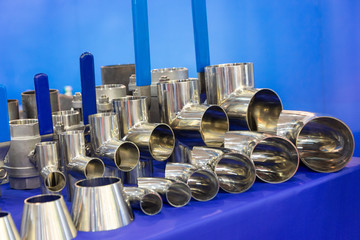 Taps valves and fittings on sanitary equipment exhibition. Industry