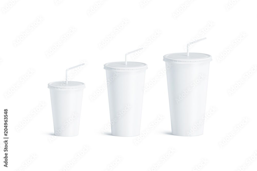 Fototapete Blank white disposable cup with straw mock up set isolated, 3d rendering. Empty paper soda drinking mug mockup with lid and tube different sizes. Clear soft drink cola take away plastic package