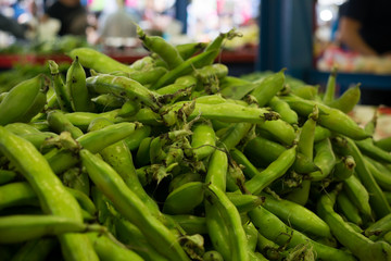 Horizontal View of Fava Beans at the Market. Taranto, South of Italy