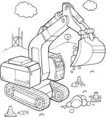Wall murals Cartoon draw Big Digger Construction Vehicle Vector Illustration Art