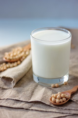 Soy milk with soy beans around it.