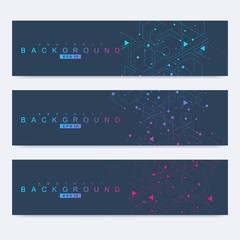 Scientific set of modern vector banners. DNA molecule structure with connected lines and dots. Science vector background. Medical, tecnology, chemistry design.