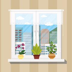 Window with curtain and flowers in pots