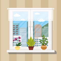 Window with curtain and flowers in pots