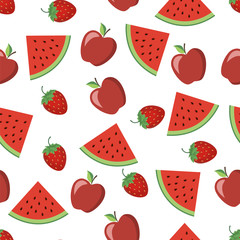 Seamless pattern of fruits of watermelon, apples and strawberries. Vector illustration