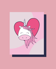 Cute unicorn and heart over pink background, colorful design. vector illustration