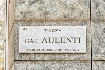 Street sign for Piazza Gae Aulenti, iconic square, Milan, Italy
