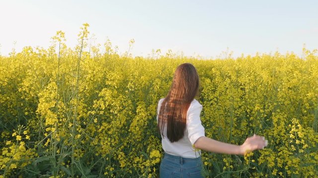 Rear view portrait of young girl going in colza field. Slow motion