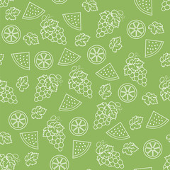 Seamless fruit pattern. Lemon, grapes, watermelon, leaf. Vector illustration