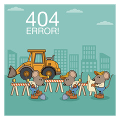 Error 404 nothing found banner with worker mouses under construction cartoons vector illustration graphic design