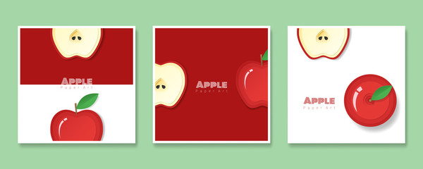 Set of fruit banners with red apple in paper art style , vector , illustration