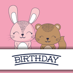 Happy birthday design with cute rabbit and squirrel over pink background, colorful design. vector illustration