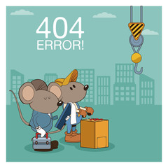 Error 404 nothing found banner with worker mouses under construction cartoons vector illustration graphic design