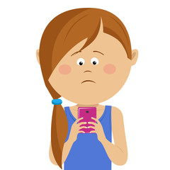 Unhappy little girl has received bad news on mobile smart phone