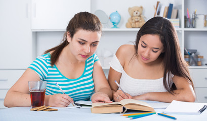 Teens girls doing homework and discussing