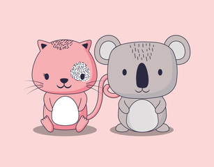 cute koala and cat over pink background, colorful design. vector illustration