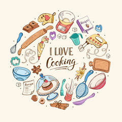 I love cooking poster.  Baking tools in circle shape. Poster with  hand drawn kitchen utensils.