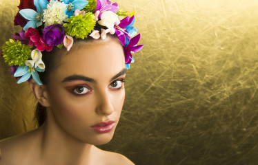 beautiful girl portrait with flowers hairstyle, beauty photography of commercial model 