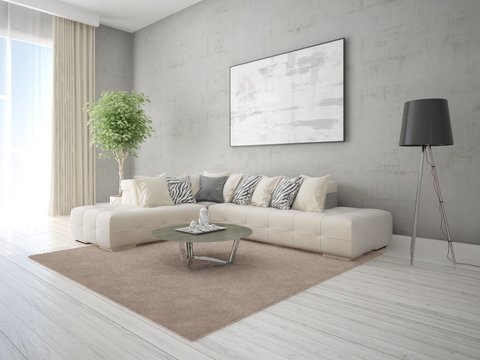 Mock up a stylish living room with a stylish corner sofa and trendy hipster background.