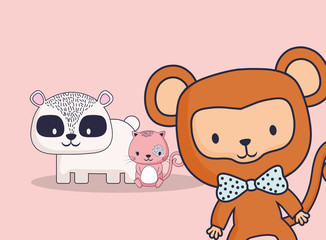 cute monkey with raccoon and cat over pink background, colorful design. vector illustration
