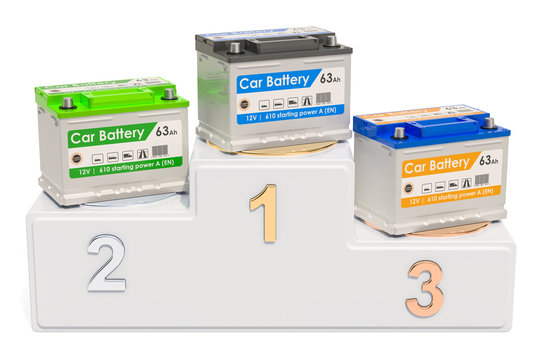 Car battery ratings concept. Winners podium with car batteries, 3D rendering