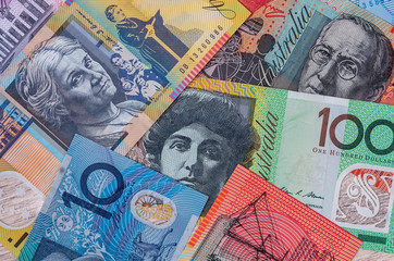Fototapeta premium Australian dollar banknotes on wooden table background