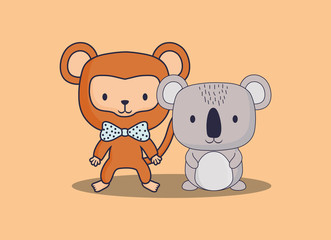 cute monkey and koala over orange background, colorful design. vector illustration