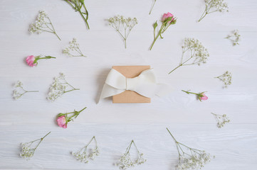 Mock up Composition of white and pink flowers rustic style