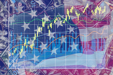 Double exposure with american flag, dollar and business graph