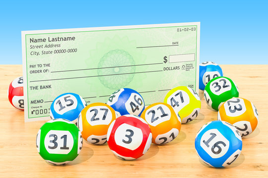Lottery balls with blank bank check on the wooden table, 3D rendering