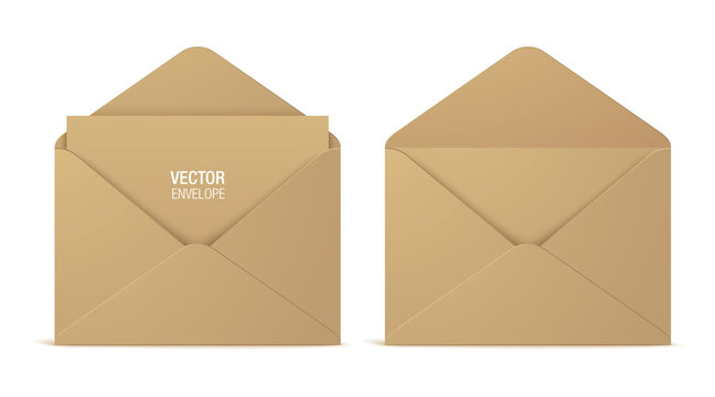 Kraft paper vector envelopes, isolated on a white background. Set of realistic brown opened envelope mockups.