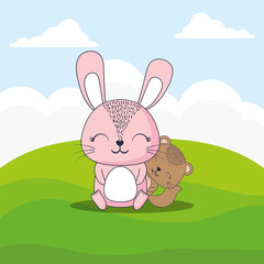 cute rabbit and squirrel over landscape background, colorful design. vector illustration