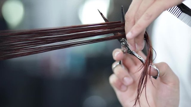 Close up, stylist trims hair in slow motion