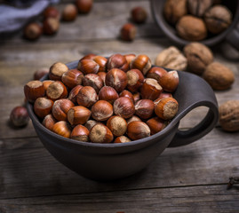 hazelnut in a shell in a brown clay cup