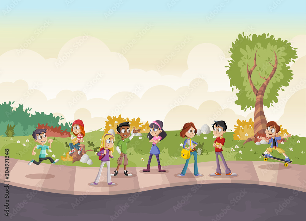 Canvas Prints green park landscape with cute cartoon teenagers.