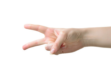 Woman hand with pale skin with two fingers up in the peace or victory symbol. Also the sign for the letter V in sign language. Isolated on white.