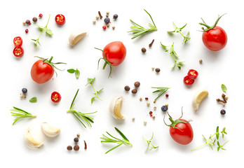 Tomatoes and various herbs and spices - obrazy, fototapety, plakaty
