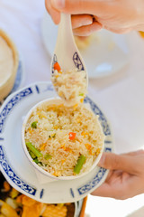 Eating popular asian orientalfood, fresh savory tasty cuisine plate background. Top side view closeup photo