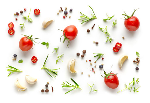 Tomatoes and various herbs and spices