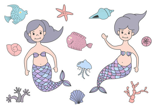 Set of cute mermaids and marine nature.