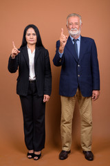 Mature multi-ethnic business couple against brown background