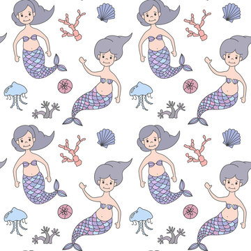 Seamless pattern with cartoon mermaids.