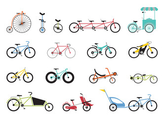 Set of flat icons representing various types of bikes. Set of icons representing various types of bikes, modern, traditional, sport, extreme.
