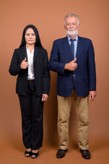 Mature multi-ethnic business couple against brown background