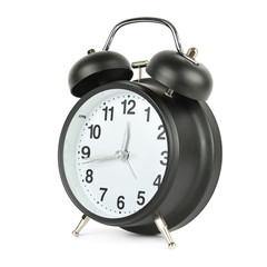 Black alarm clock in retro style isolated on white