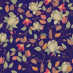 Rollo Colorful floral pattern. Vector wallpaper with big illustration flowers. Hand drawn plants, magnolia © sunny_lion